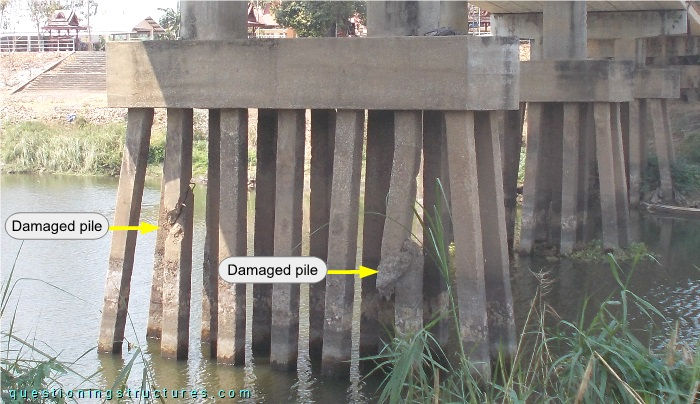 Pile cap and partially embedded piles of a beam bridge