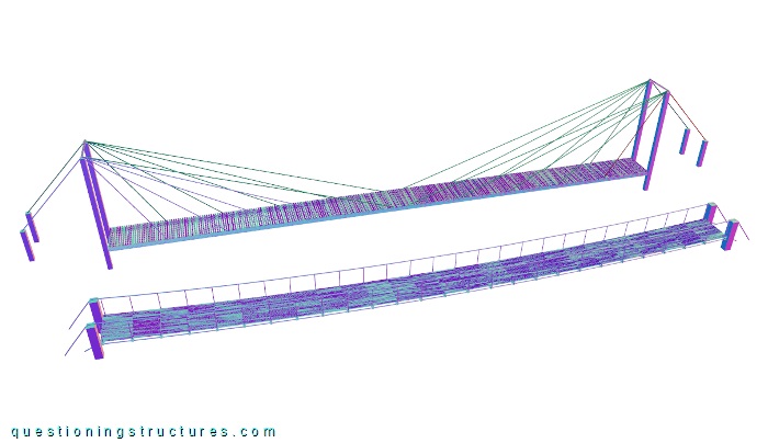 Three-dimensional drawings of a cable-stayed bridge and a suspended bridge