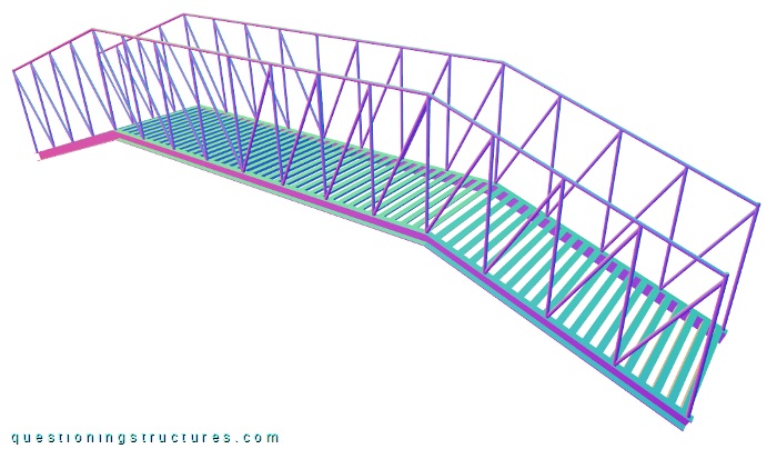 Three-dimensional view of a pedestrian steel frame bridge