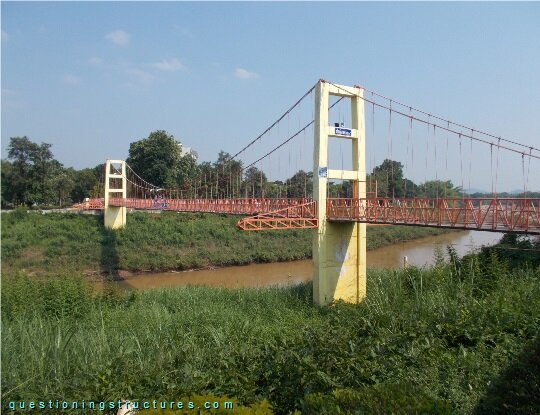 Pedestrian suspension bridge with lateral cables over a river (link-image to suspension bridge 3)