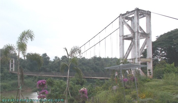 Suspension bridge over a river.