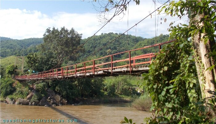 Wooden suspension bridge over a river.