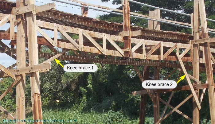 Different knee braces of a timber truss.