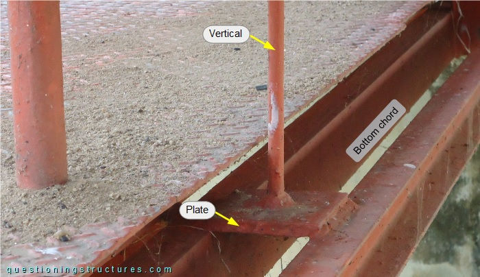 Connection between vertical and bottom chord of a through-truss bridge.