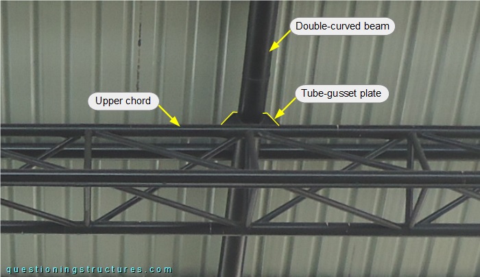 Connection between double-curved beam and triangular space truss