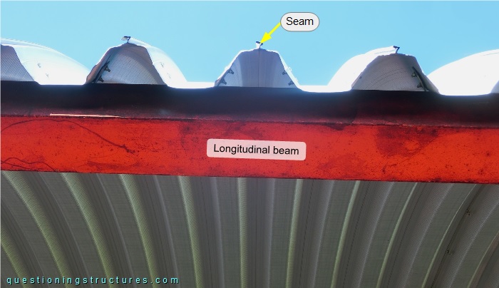 Self-supporting/trussless curved roofing viewed from below 