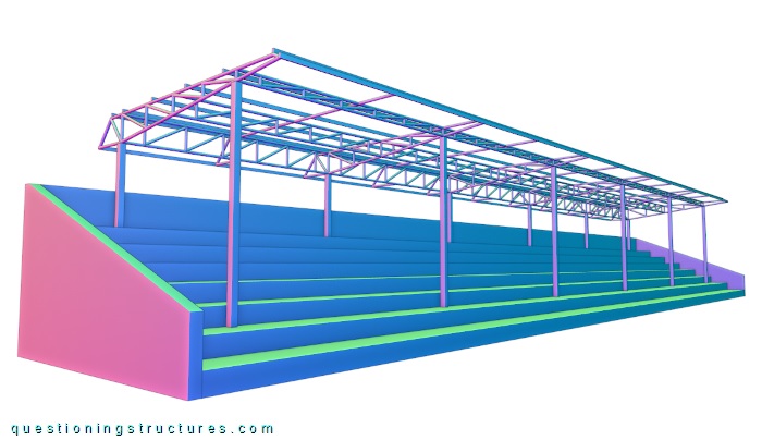 Three-dimensional drawing of a covered sports arena with columns and trusses