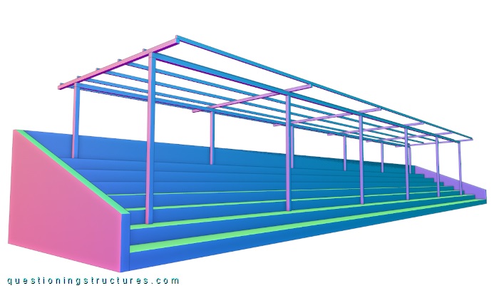 Three-dimensional drawing of a covered sports arena with columns and beams