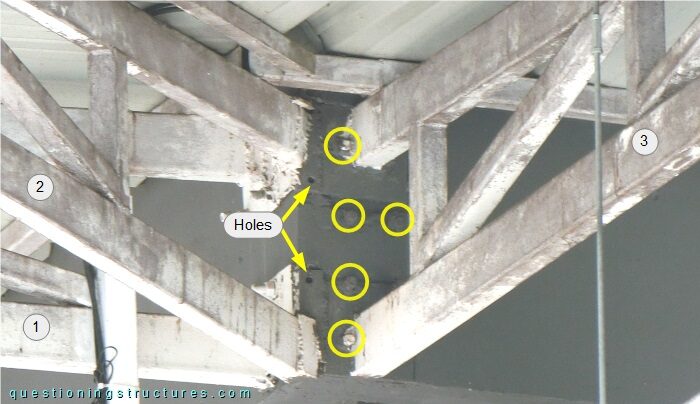 Connections between steel trusses of a canopy roof and the reinforced concrete structure of a building in the corner region.