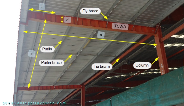 Structure of a steel canopy roof with trapezoidal corrugated web beams (TCWB), fly braces, and purlin braces.