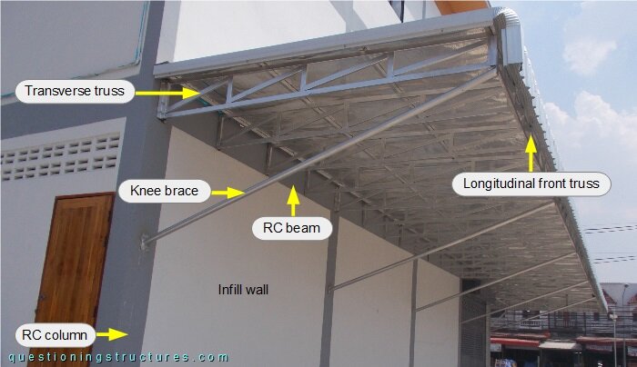Steel canopy roof with knee braces and trusses.