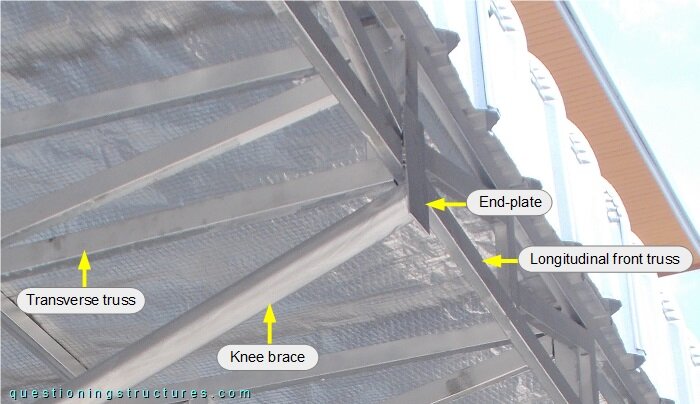 Knee brace to longitudinal front truss connection.