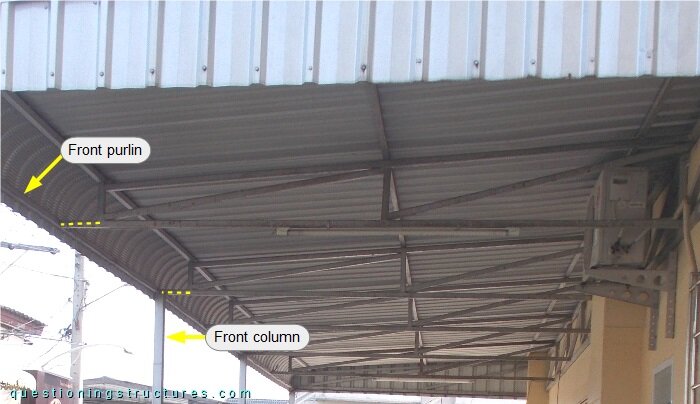 Canopy roof trusses with overhanging bottom chords