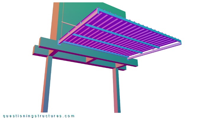 Three dimensional drawing of a steel canopy roof.