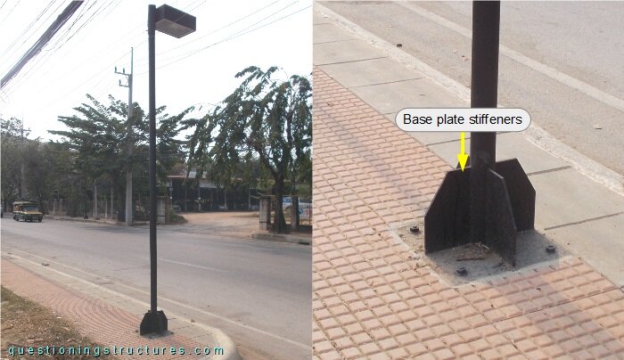 Street light pole with base plate stiffeners