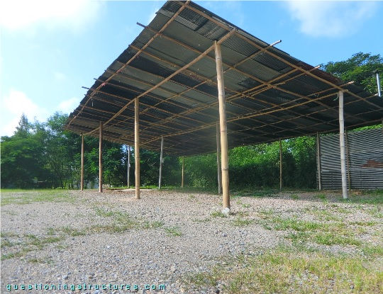 Freestanding bamboo carport with metal roofing sheets (link-image to parking lot structure 10)