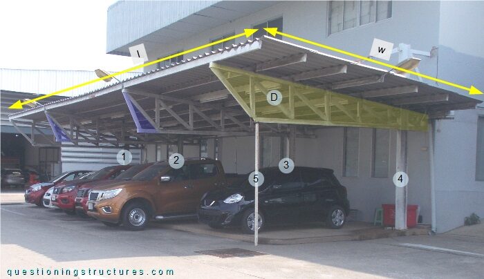 Attached steel carport with tapered trusses and suspension rods