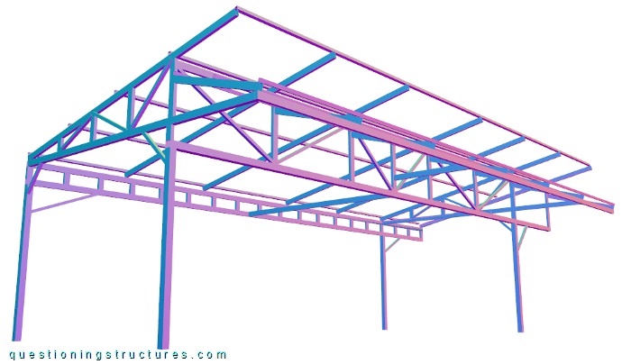Three-dimensional drawing of a freestanding steel carport with trusses and knee braces