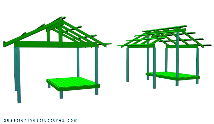 Three-dimensional views of two farm hut structures