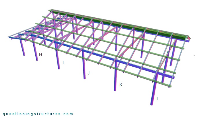 Three-dimensional drawing of a four-bay farm hut with damaged structural members