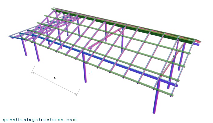 Three-dimensional drawing of a two-bay farm hut with damaged structural member